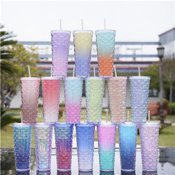 24oz Double-wall Plastic Fish Scales Straw Cups