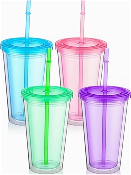 16oz Insulated Double Wall Plastic Tumbler with Lids and Straws