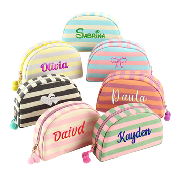 Embroidered Striped Cosmetic  Bag